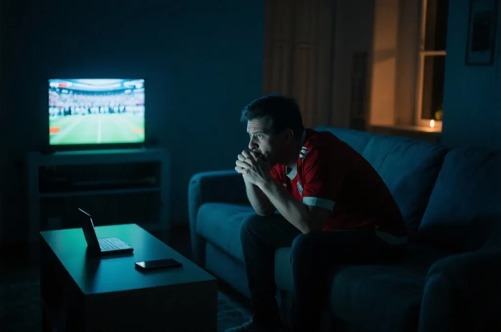 深夜球迷在沙发上看比赛，手机发出屏幕光