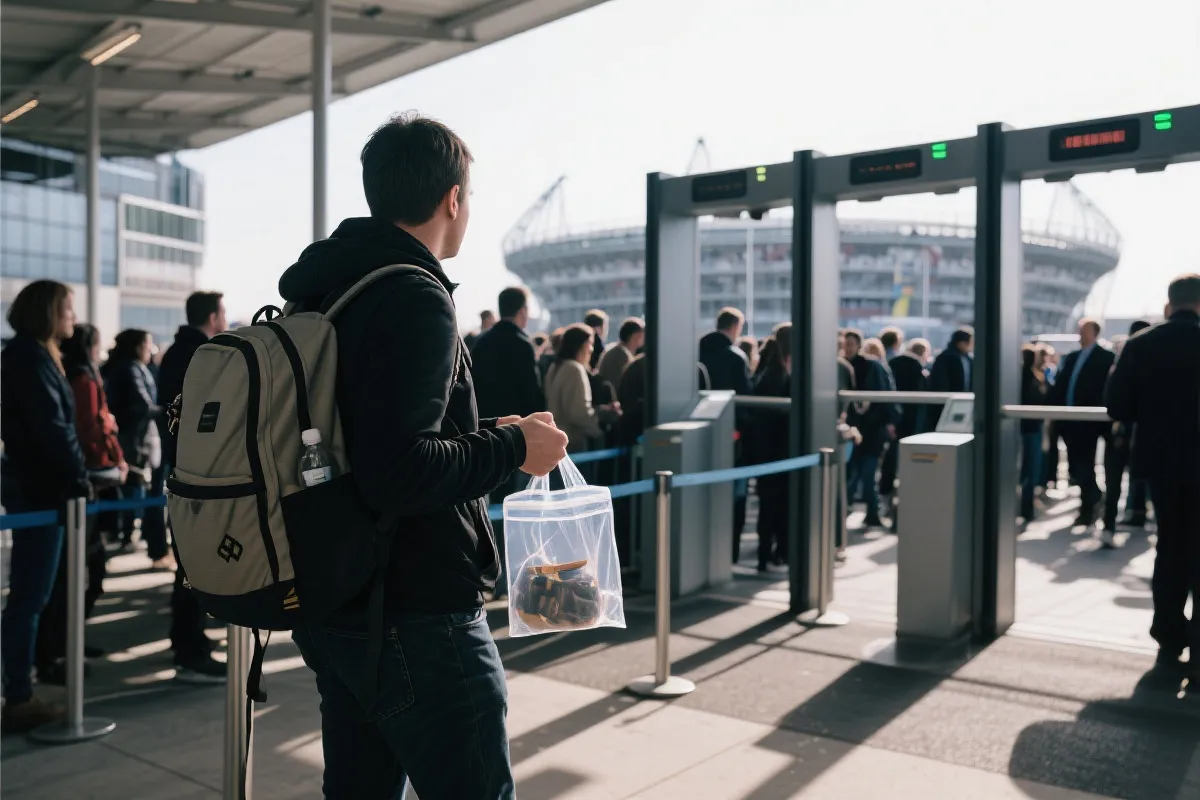 体育场入口安检与观众排队，手持透明收纳袋与轻便背包的观赛场景